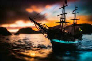 An old sailing ship with sagging slings, in the bay, in the evening fog. photo