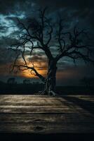 Old wood table and silhouette dead tree at night for Halloween background.. AI generated photo