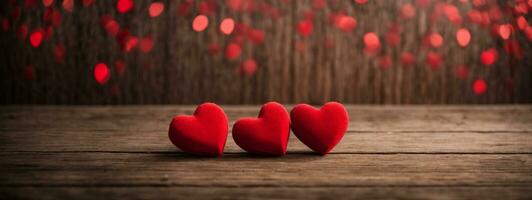 Valentines day background with red hearts on wooden background. AI generated photo