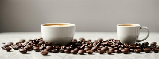hot espresso and coffee bean on white table with soft-focus and over light in the background. top view. AI generated photo
