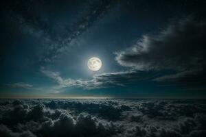 Romantic Moon In Starry Night Over Clouds. AI generated photo