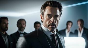 Successful Strong-Willed Business Leader In Front Of His Team. Handsome And Charismatic Man Standing In Front Of A Group Of People In A Room. photo
