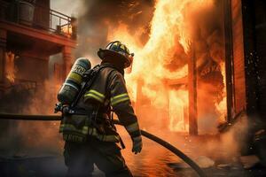 generative AI. Heroes of the Flames Realistic Firefighters Battling Raging Inferno photo