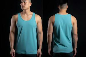 Generative AI. Blank Blue Tank top Mock up on Male Model Showcase Your Designs in Style photo