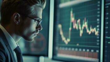 Generative Ai. Businessman Analyzing Investment Strategies Through Multiple Graphs on Screen photo