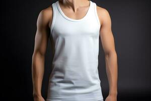 Generative AI. Blank white Tank top Mock up on Male Model Showcase Your Designs in Style photo