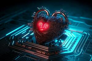 generative AI. Digital Love Red Heart-Shaped Computer Circuit Board photo