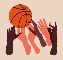 Hands reaching for Basketball ball colorful flat objects. Cartoon illustration. Sport, team play concept. Vector flat modern illustration isolated.