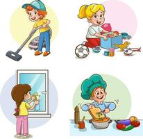 Cartoon kids doing housework, kids helping with housework. Boys and girls sweep, dust, wash dishes, mop the floor. cooking, washing laundry. vector