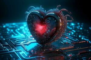 generative AI. Digital Love Red Heart-Shaped Computer Circuit Board photo