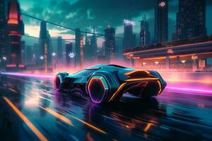 Futuristic Speed Racing Through Neon City. generative AI. photo