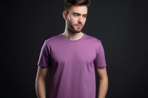 Generative AI. Purple T-Shirt Mockup on Male Model photo