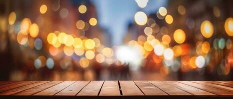 generative AI. Festive Winter Wonderland Empty Wooden Table Covered in Christmas Snow and Bokeh Lights. photo