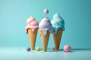 Generative Ai. Melting pastel ice cream cones with colorful toppings on blue background photo
