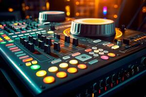 Generative AI. Clubbing Beats Close-up of DJ Sound Mixer with Glowing Lights. photo