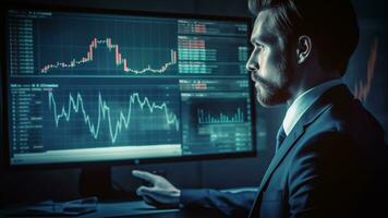 Generative Ai. Businessman Analyzing Investment Strategies Through Multiple Graphs on Screen photo