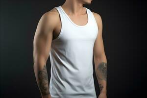 Generative AI. Blank white Tank top Mock up on Male Model Showcase Your Designs in Style photo