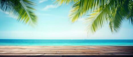 generative AI. Relaxing Summer Vibes A Serene Wooden Table Against a Blue Sky, Overlooking a Palm Leaf-Blurred Bokeh Background of the Sea photo