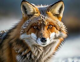 Portrait of Fox in Winter, Face in Snow, Eye Contact Shot photo