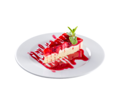 Gâteaux et sucré pièce de gâteau avec des fraises et confiture sur une blanc assiette png