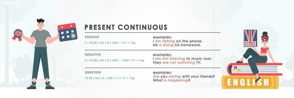 Present continuous. Rule for the study of tenses in English. The concept of learning English. Trend character style. Illustration in vector. vector