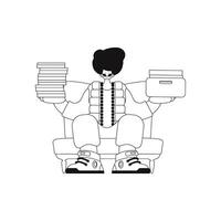 Guy holds piles of papers in a straight line. Vector image.