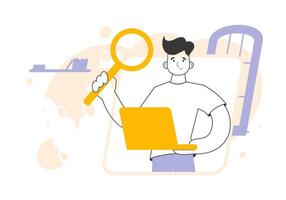 A man holds a magnifying glass and a laptop in his hands. Job Search Theme. H.R. Linear trendy style. vector