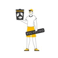 un hombre es participación un basura poder. residuos reciclaje concepto. lineal de moda estilo. aislado en blanco antecedentes. vector ilustración.