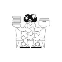 Girl stacks piles of documents. Linear design. art. vector