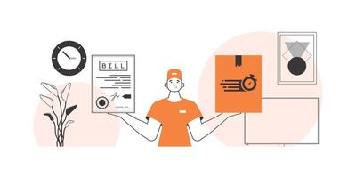 The guy holds a parcel and a check in his hands. Parcel delivery concept. Linear modern style. vector