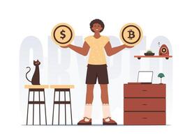 Cryptocurrency concept. A man holds a bitcoin and a dollar in the form of coins in his hands. Character with a modern style. vector