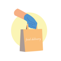 Couriers wear blue protective glove with paper bag for delivery with food Safe food delivery service during covid-19 quarantine. png