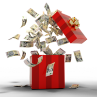 3D rendering of A lot of 100 Peso Uruguayo notes coming out of an opened red gift box png