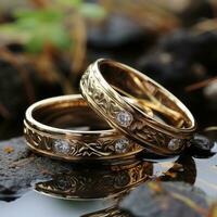 A pair of gold rings, romantic celebration design background at wedding, love. Ai generative concept photo