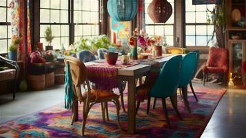 Generative AI, Boho-Chic Dining Room A Colorful and Eclectic Space photo