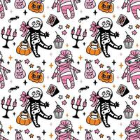 Cute skeleton, mummy, children's character on Halloween holiday. Seamless pattern. Vector. vector