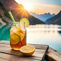 Lemon tea drink served with glass filled with ice and lemon slices exotic background of mountains, rivers, lakes great for business, wallpaper, blog, company, website etc. Generative AI technology photo