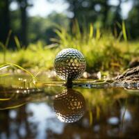 Golf ball on muddy grass field, sport theme concept, tournament, competition, hobby, luxury hobby. Generative Ai Images photo