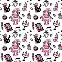 Halloween characters. Mummy, black cat, magical attributes. Fun children's print. Seamless pattern. vector