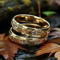 A pair of gold rings, romantic celebration design background at wedding, love. Ai generative concept photo