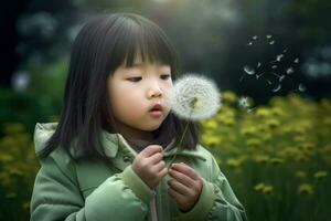 Japón niña soplo diente de león. generar ai foto