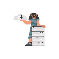 The enthusiastic woman is holding a data cloud and a server. Restricted. Trendy style, Vector Illustration