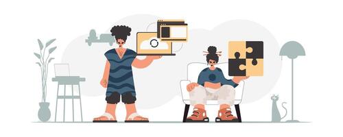 Two people are holding up a puzzle piece vector