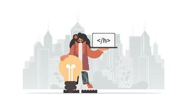 A woman holding a laptop and standing in front of a cityscape vector