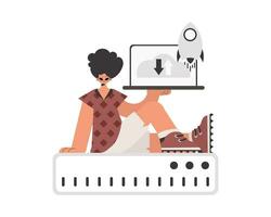 The person is holding a tablet, which is synchronized with the information capacity. Separated. Trendy style, Vector Illustration