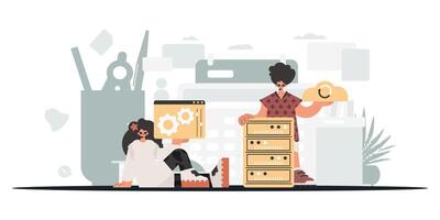 Two people are sitting on a chair and holding a box vector
