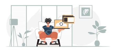 A woman sitting in a chair with a laptop vector