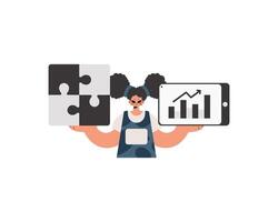 A woman holding a tablet with a puzzle piece on it vector
