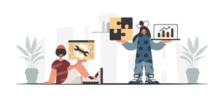Two people are holding up pieces of puzzle vector