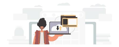 A person holding a laptop with a computer on it vector